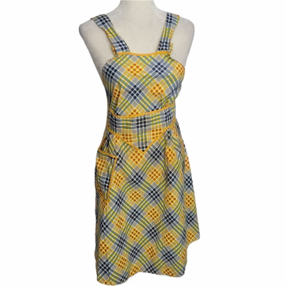 VINTAGE 70s apron yellow‎ plaid tie back full with pocket